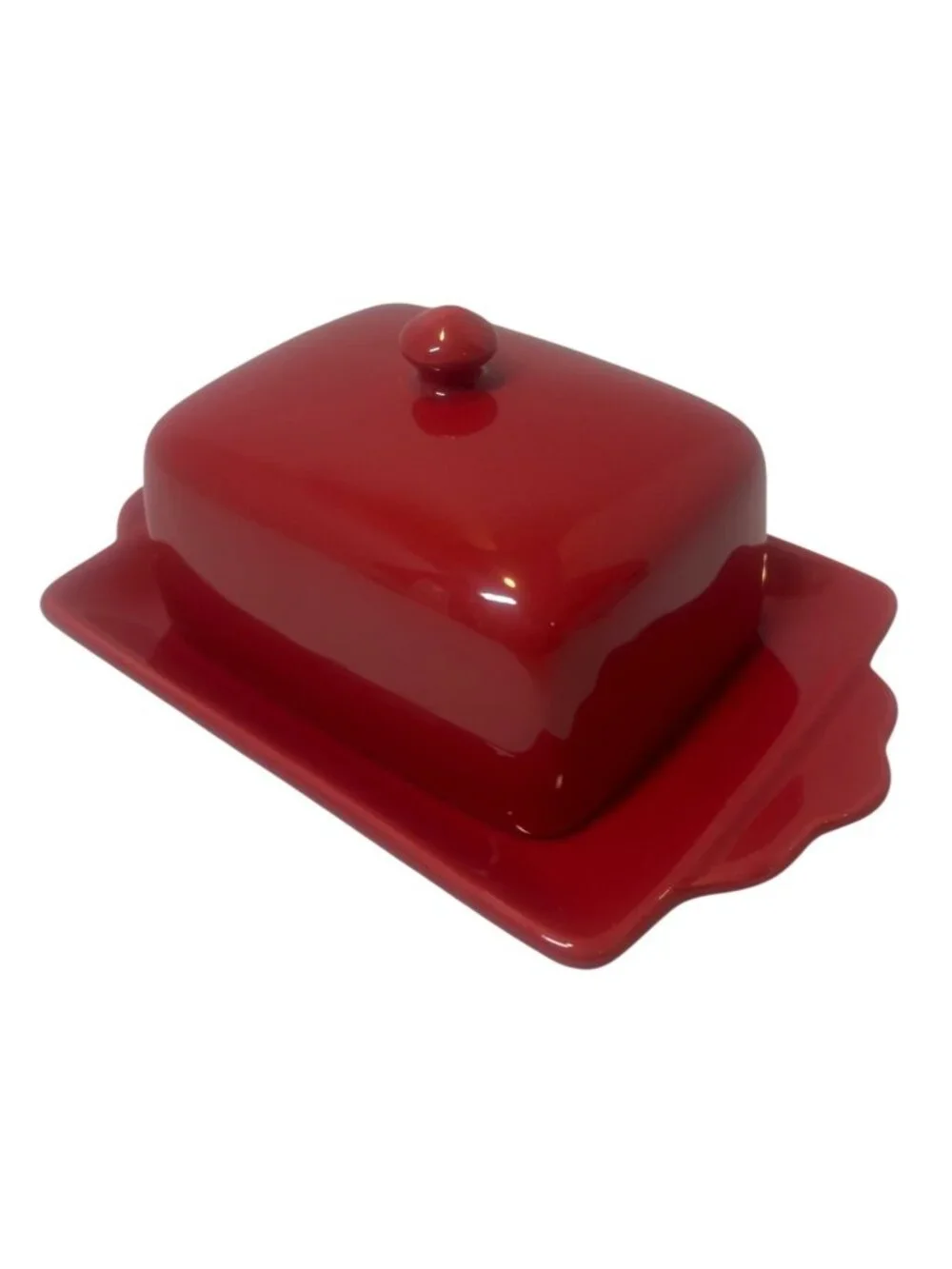 Red Ceramic Butter or Cheese Dish with Lid Scalloped Tray Dishwasher & Microwave
